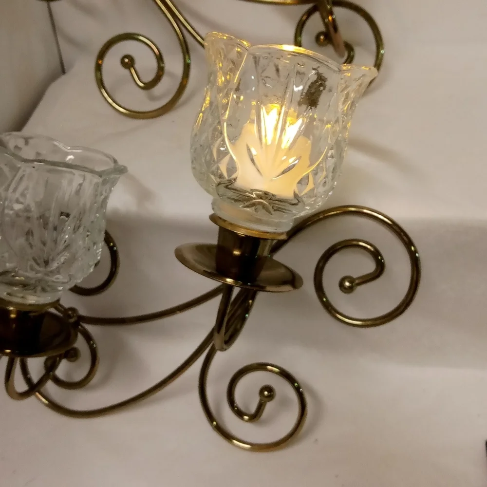 2 Brass Tealight Wall Candelabra Sconces Holders W/4 Crystal Diamond Cut Glass